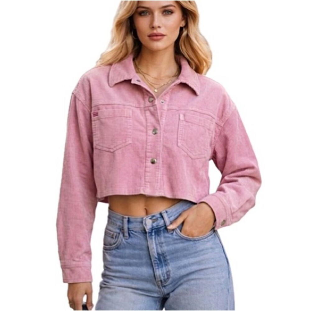 BDG Urban Outfitters Cropped Corduroy Snap Shirt Jacket Womens XS Barbie Pink